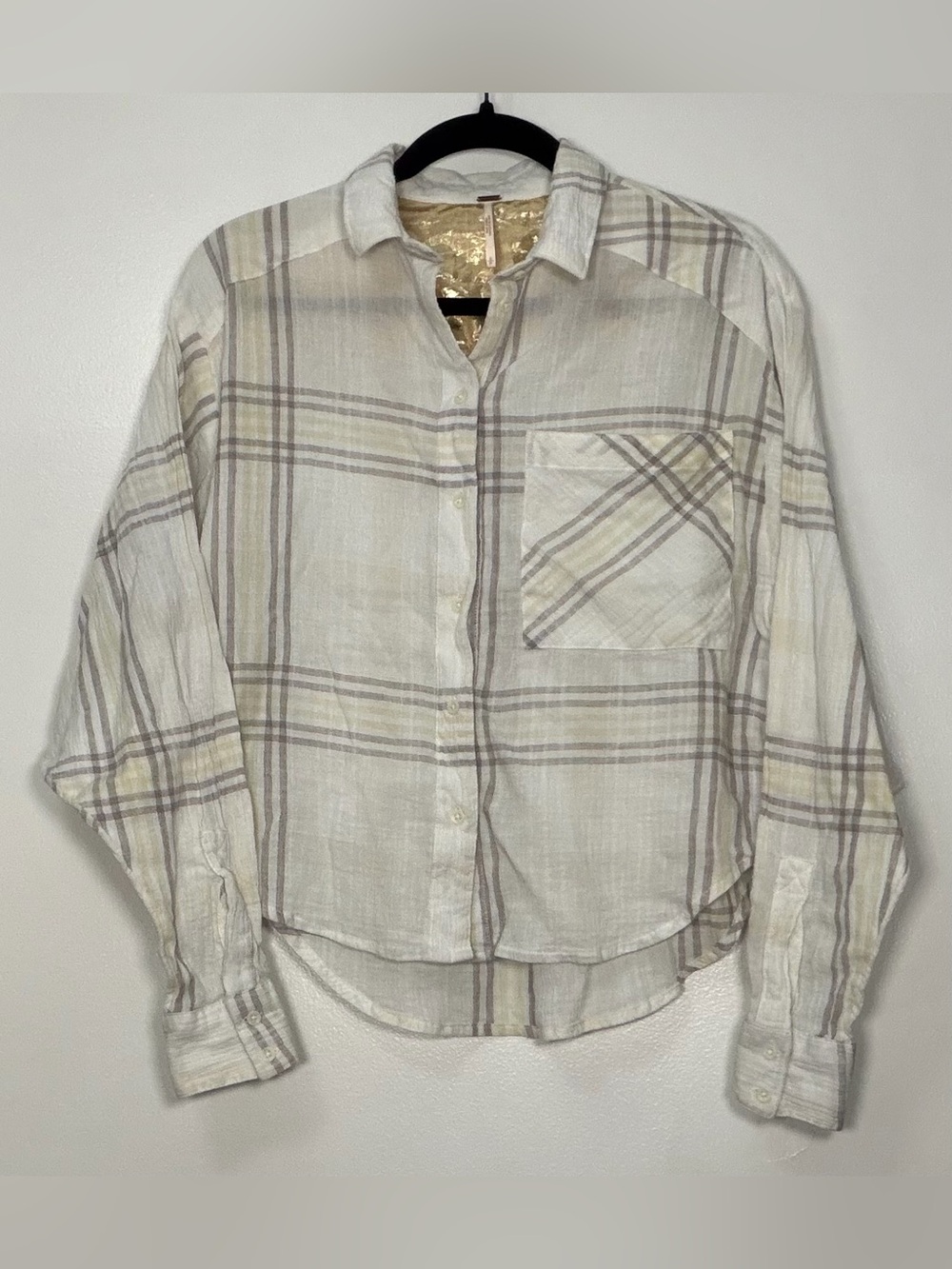 Free People Cream and Beige Plaid Button-Down Shirt